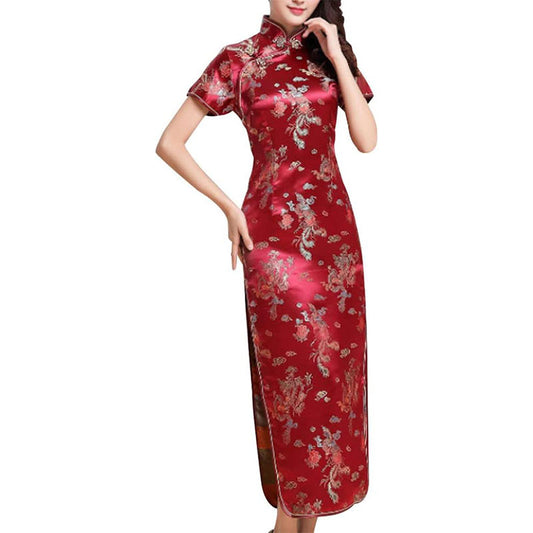 Women Cheongsam Long Dress Evening Short Sleeve Slim Fit Maxi Dress Floral Faux Silk Stand Collar Bodycon Qipao