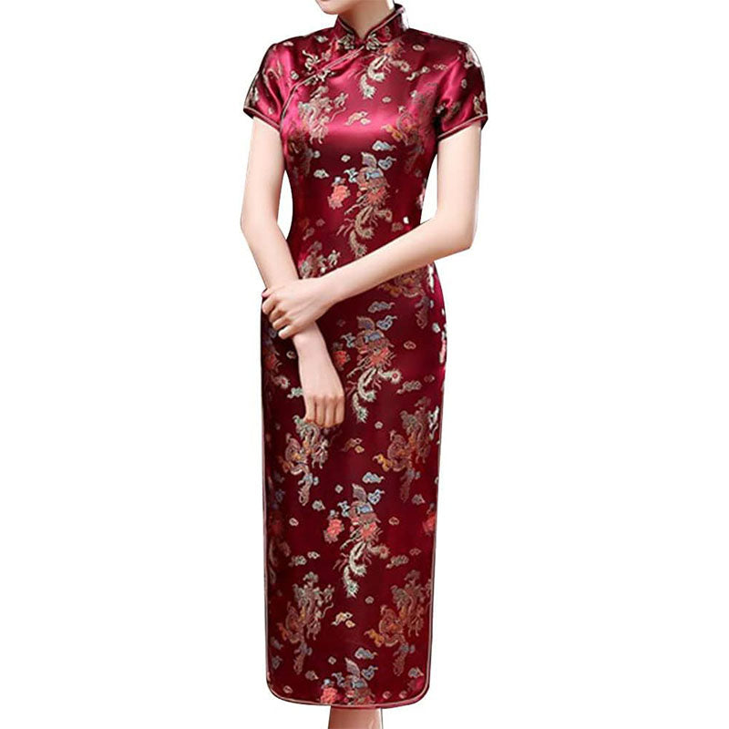 Women Dress Cheongsam Chinese Qipao Short Sleeve Maxi Slim Fit Evening Club Mandarin Collar Floral Side Slit Bodycon