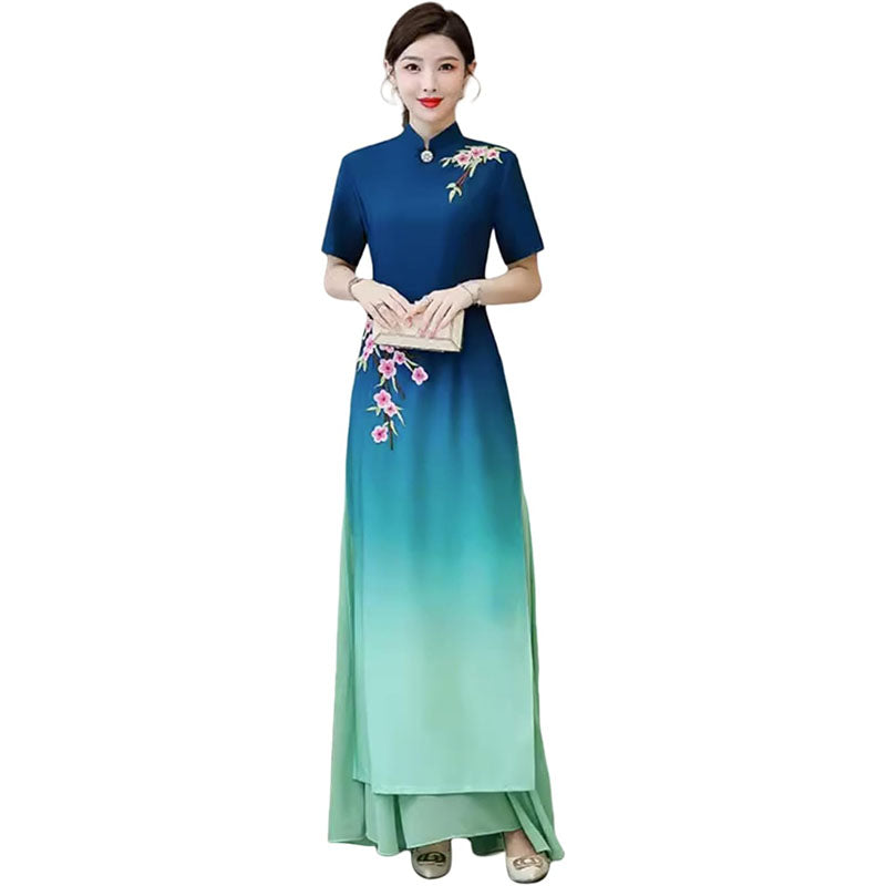 Women's Blue Chiffon Gradient Color Split Long Cheongsam Wedding Guest Gown Party Qipao Chi-pao