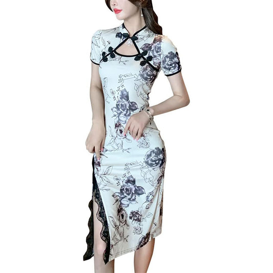 Women's Modern Cheongsam Midi Dress Short Sleeve Lace Trim Chinese Qipao Mandarin Collar High Split Bodycon Dress