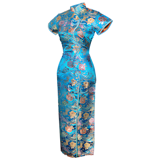 7Fairy Women's VTG Turquoise Ten Buttons Long Chinese Dress Cheongsam