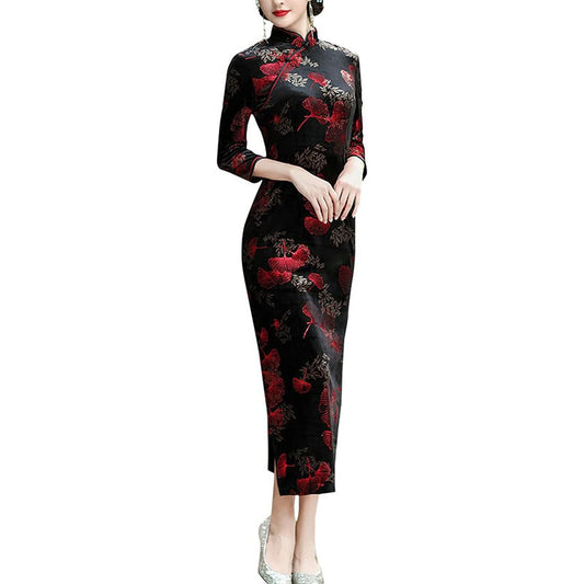 BooW Women's Elegant Velvet Cheongsam Qipao Dress Chinese Mandarin Collar Side Slit Maxi Dress