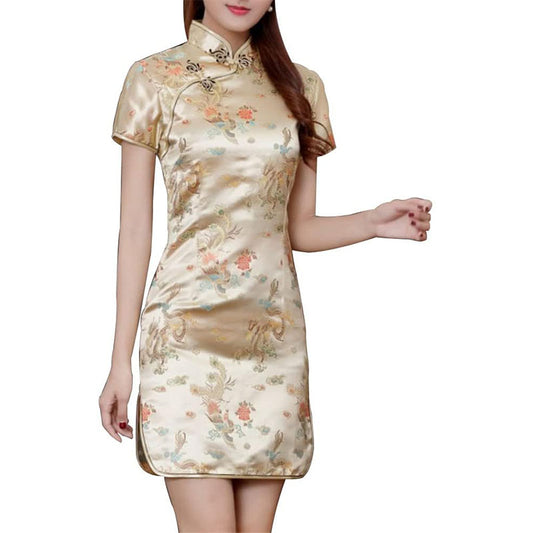 Cheongsam Dress for Women Qipao Slim Fit Short Sleeve Bodycon Mandarin Collar Side Slit Chinese Floral Print Dragon Dress