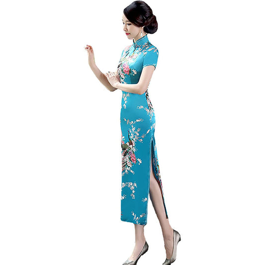 Chinese Style Dress Improves Cheongsam Temperament, Retro Long Silk Printed Daily Banquet Women's Performance Clothing