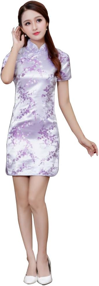 Cheongsam Dress for Women Qipao Slim Fit Short Sleeve Bodycon Mandarin Collar Side Slit Chinese Floral Print Dragon Dress