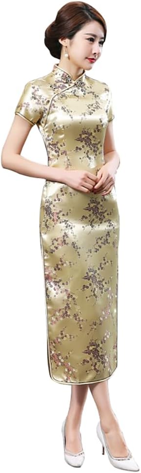 Women Cheongsam Long Dress Evening Short Sleeve Slim Fit Maxi Dress Floral Faux Silk Stand Collar Bodycon Qipao