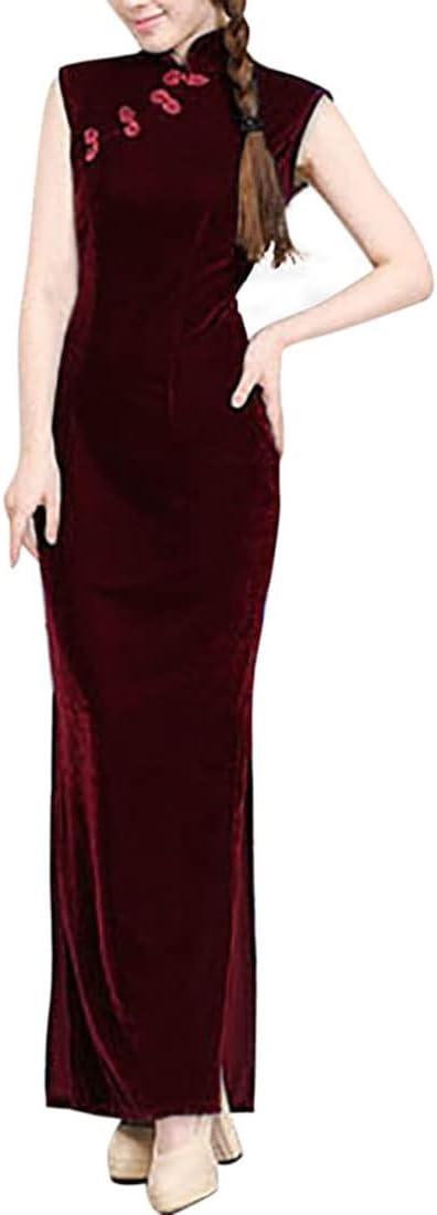 BooW Women's Elegant Velvet Cheongsam Qipao Dress Chinese Mandarin Collar Side Slit Maxi Dress