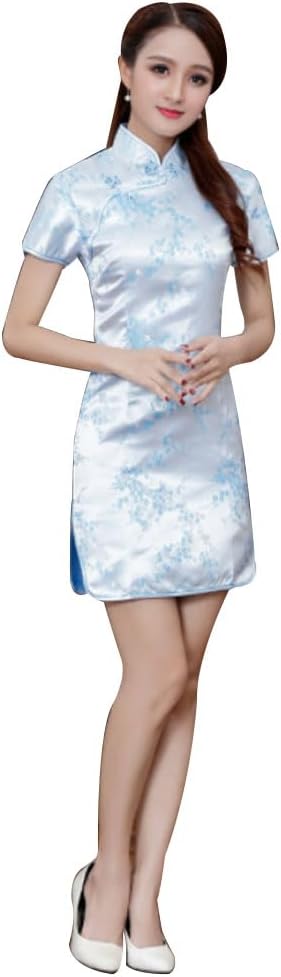 Cheongsam Dress for Women Qipao Slim Fit Short Sleeve Bodycon Mandarin Collar Side Slit Chinese Floral Print Dragon Dress