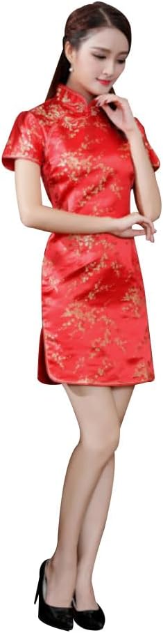 Cheongsam Dress for Women Qipao Slim Fit Short Sleeve Bodycon Mandarin Collar Side Slit Chinese Floral Print Dragon Dress