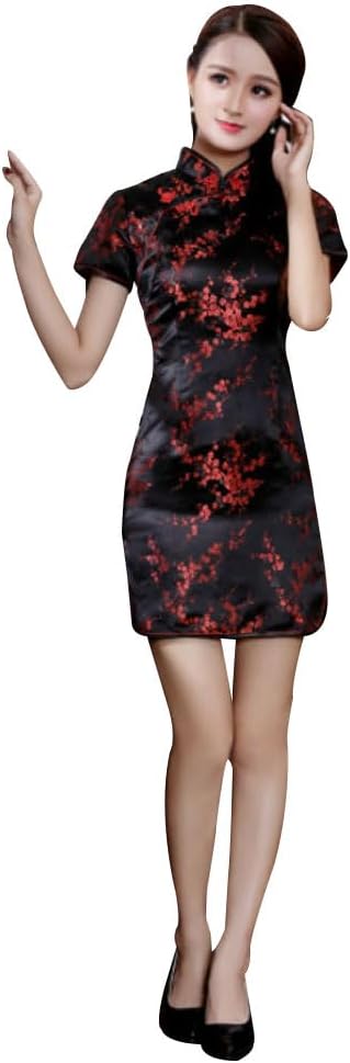 Cheongsam Dress for Women Qipao Slim Fit Short Sleeve Bodycon Mandarin Collar Side Slit Chinese Floral Print Dragon Dress