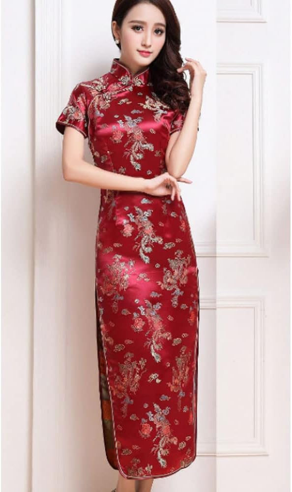 Women Cheongsam Long Dress Evening Short Sleeve Slim Fit Maxi Dress Floral Faux Silk Stand Collar Bodycon Qipao