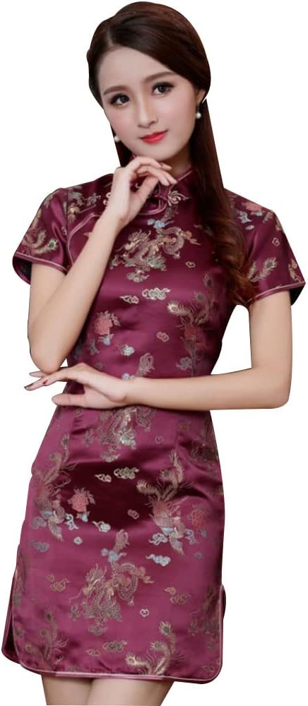 Cheongsam Dress for Women Qipao Slim Fit Short Sleeve Bodycon Mandarin Collar Side Slit Chinese Floral Print Dragon Dress