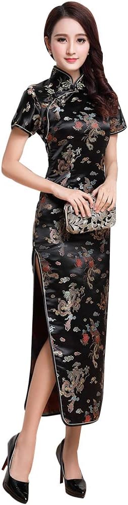 Women Cheongsam Long Dress Evening Short Sleeve Slim Fit Maxi Dress Floral Faux Silk Stand Collar Bodycon Qipao