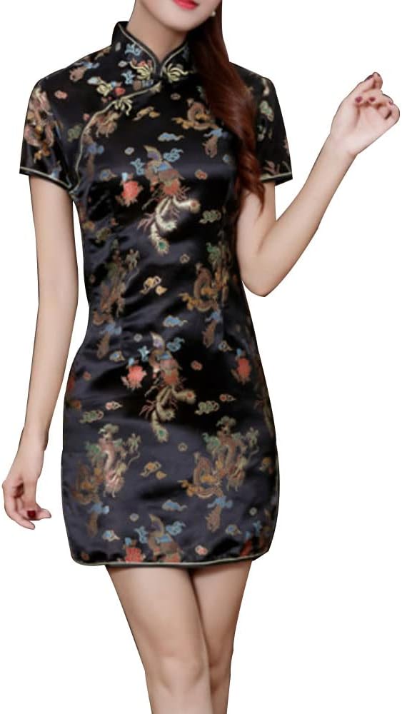 Cheongsam Dress for Women Qipao Slim Fit Short Sleeve Bodycon Mandarin Collar Side Slit Chinese Floral Print Dragon Dress