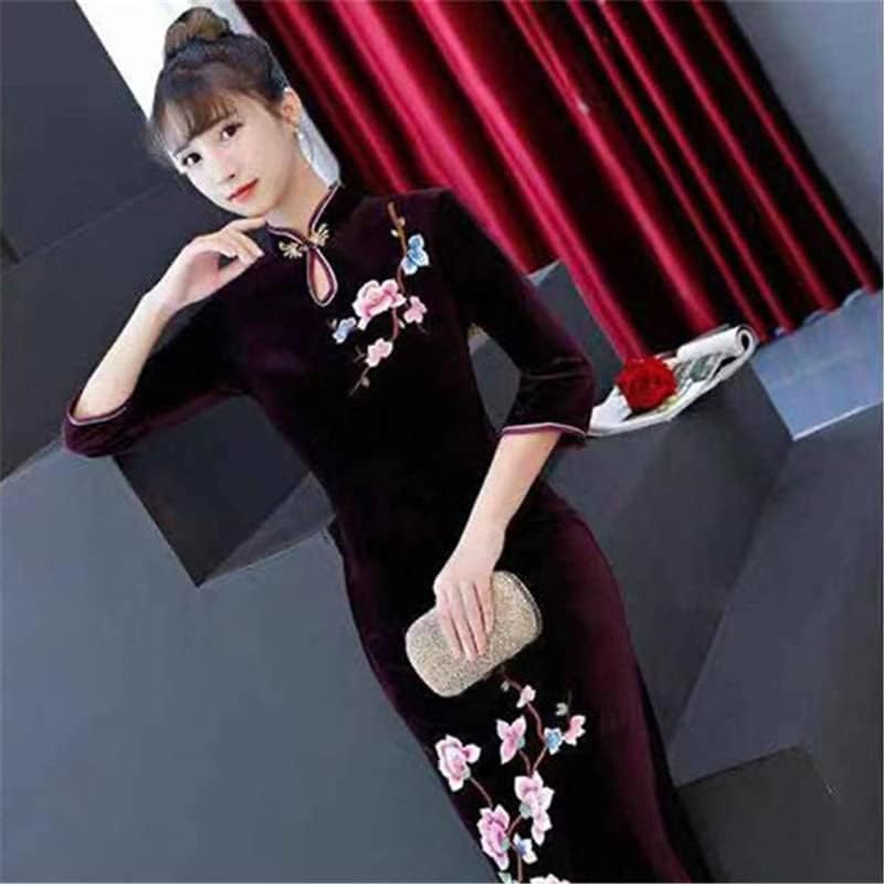 Shanghai Story Peacock Floral Embroidery Velvet Long Cheongsam Qipao Dress