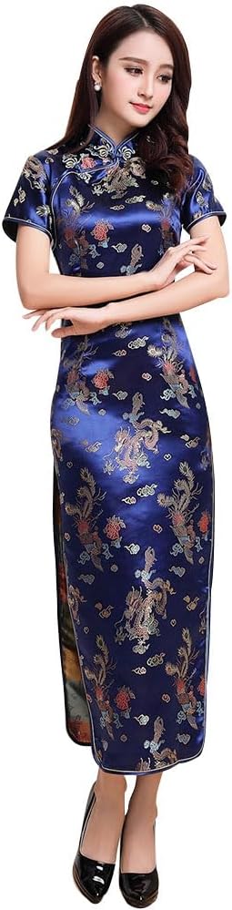 Women Cheongsam Long Dress Evening Short Sleeve Slim Fit Maxi Dress Floral Faux Silk Stand Collar Bodycon Qipao