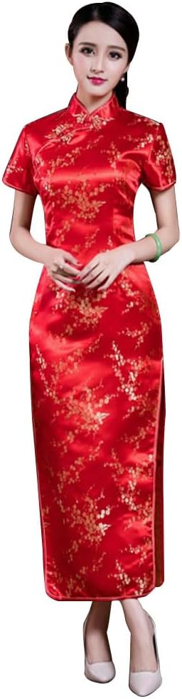 Women Cheongsam Long Dress Evening Short Sleeve Slim Fit Maxi Dress Floral Faux Silk Stand Collar Bodycon Qipao