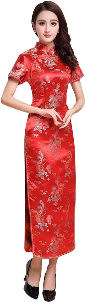 Women Cheongsam Long Dress Evening Short Sleeve Slim Fit Maxi Dress Floral Faux Silk Stand Collar Bodycon Qipao