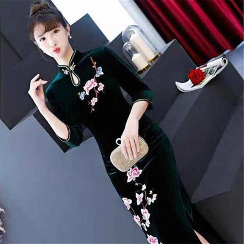 Shanghai Story Peacock Floral Embroidery Velvet Long Cheongsam Qipao Dress