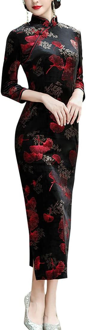 BooW Women's Elegant Velvet Cheongsam Qipao Dress Chinese Mandarin Collar Side Slit Maxi Dress