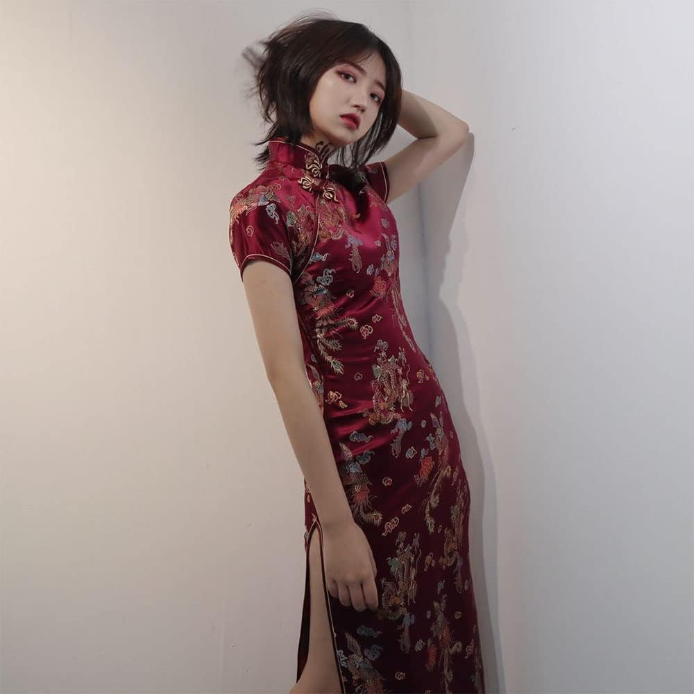 Women Dress Cheongsam Chinese Qipao Short Sleeve Maxi Slim Fit Evening Club Mandarin Collar Floral Side Slit Bodycon