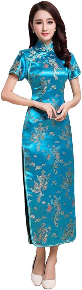 Women Cheongsam Long Dress Evening Short Sleeve Slim Fit Maxi Dress Floral Faux Silk Stand Collar Bodycon Qipao