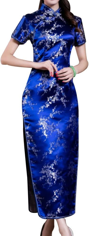 Women Cheongsam Long Dress Evening Short Sleeve Slim Fit Maxi Dress Floral Faux Silk Stand Collar Bodycon Qipao