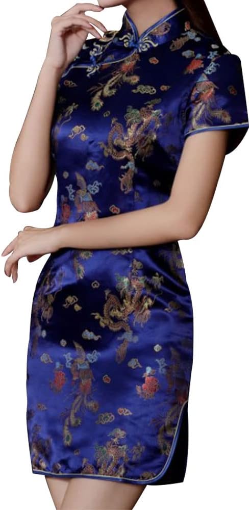 Cheongsam Dress for Women Qipao Slim Fit Short Sleeve Bodycon Mandarin Collar Side Slit Chinese Floral Print Dragon Dress