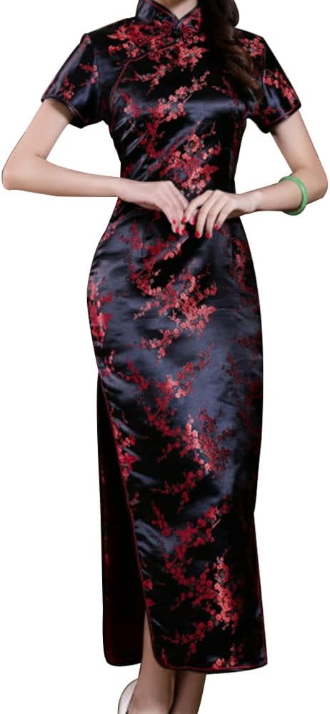 Women Cheongsam Long Dress Evening Short Sleeve Slim Fit Maxi Dress Floral Faux Silk Stand Collar Bodycon Qipao