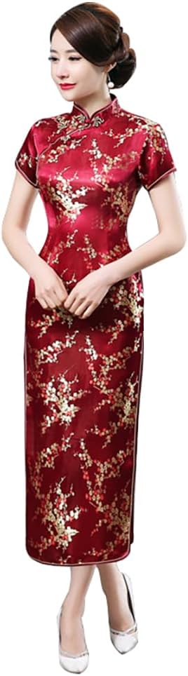 Women Cheongsam Long Dress Evening Short Sleeve Slim Fit Maxi Dress Floral Faux Silk Stand Collar Bodycon Qipao