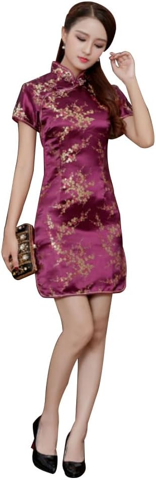 Cheongsam Dress for Women Qipao Slim Fit Short Sleeve Bodycon Mandarin Collar Side Slit Chinese Floral Print Dragon Dress