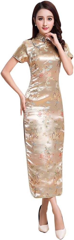 Women Cheongsam Long Dress Evening Short Sleeve Slim Fit Maxi Dress Floral Faux Silk Stand Collar Bodycon Qipao