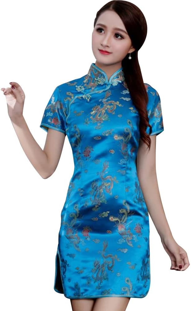 Cheongsam Dress for Women Qipao Slim Fit Short Sleeve Bodycon Mandarin Collar Side Slit Chinese Floral Print Dragon Dress