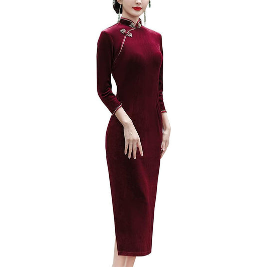 Chinese Traditional Velour Cheongsam Maxi Dress Elegant Women Long Sleeve Side Slit Slim Fit Qipao Party Dress