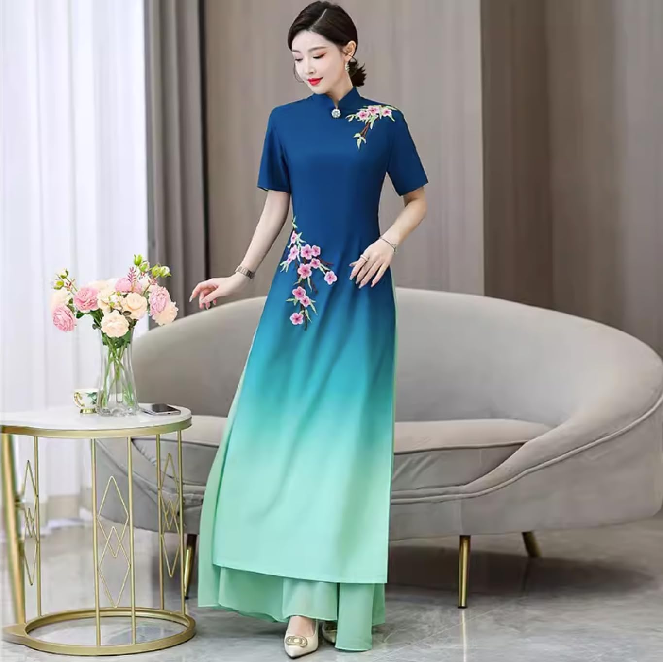 Women's Blue Chiffon Gradient Color Split Long Cheongsam Wedding Guest Gown Party Qipao Chi-pao