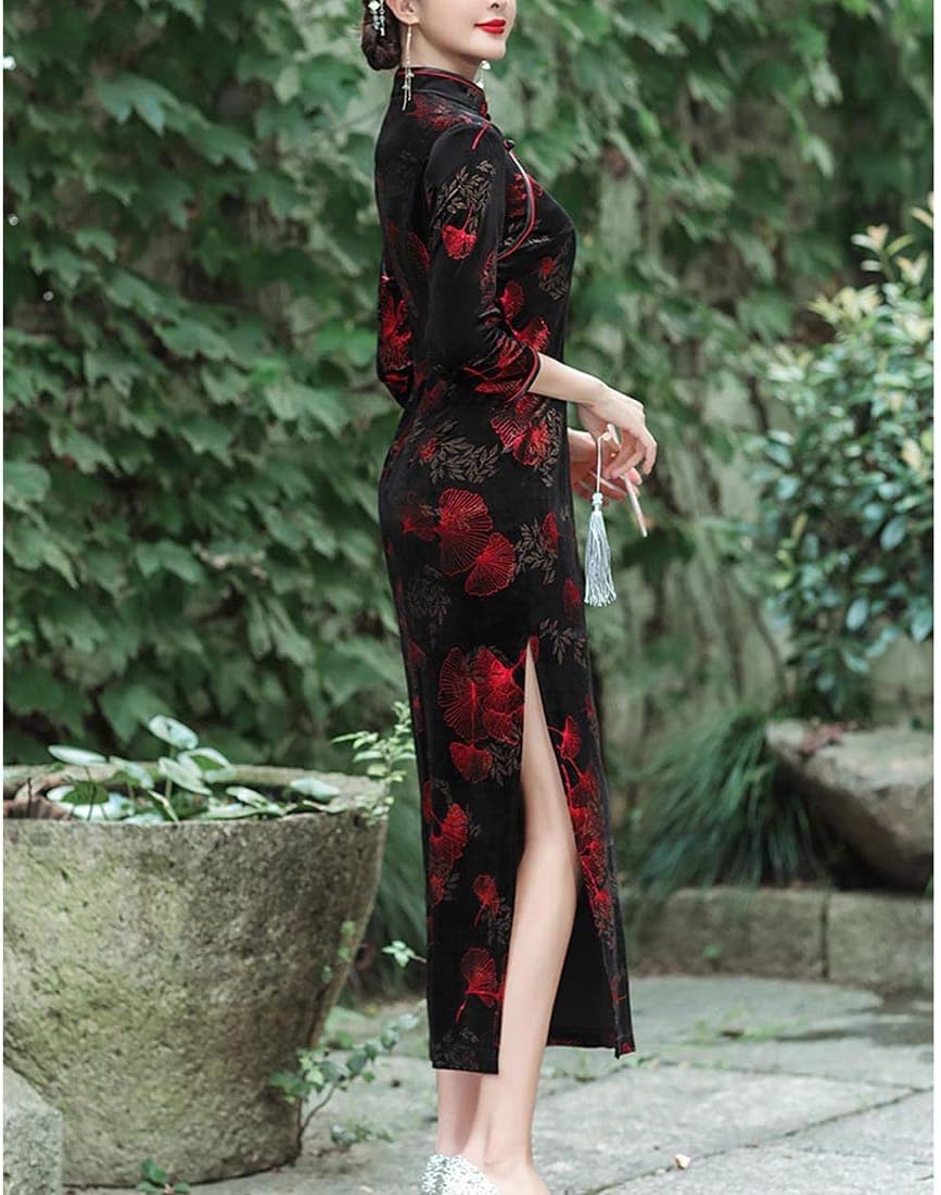 BooW Women's Elegant Velvet Cheongsam Qipao Dress Chinese Mandarin Collar Side Slit Maxi Dress