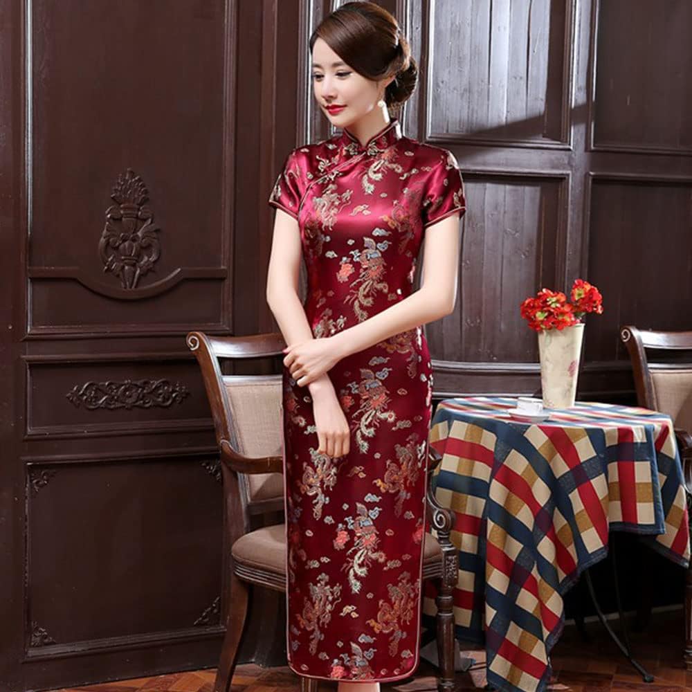 Women Dress Cheongsam Chinese Qipao Short Sleeve Maxi Slim Fit Evening Club Mandarin Collar Floral Side Slit Bodycon