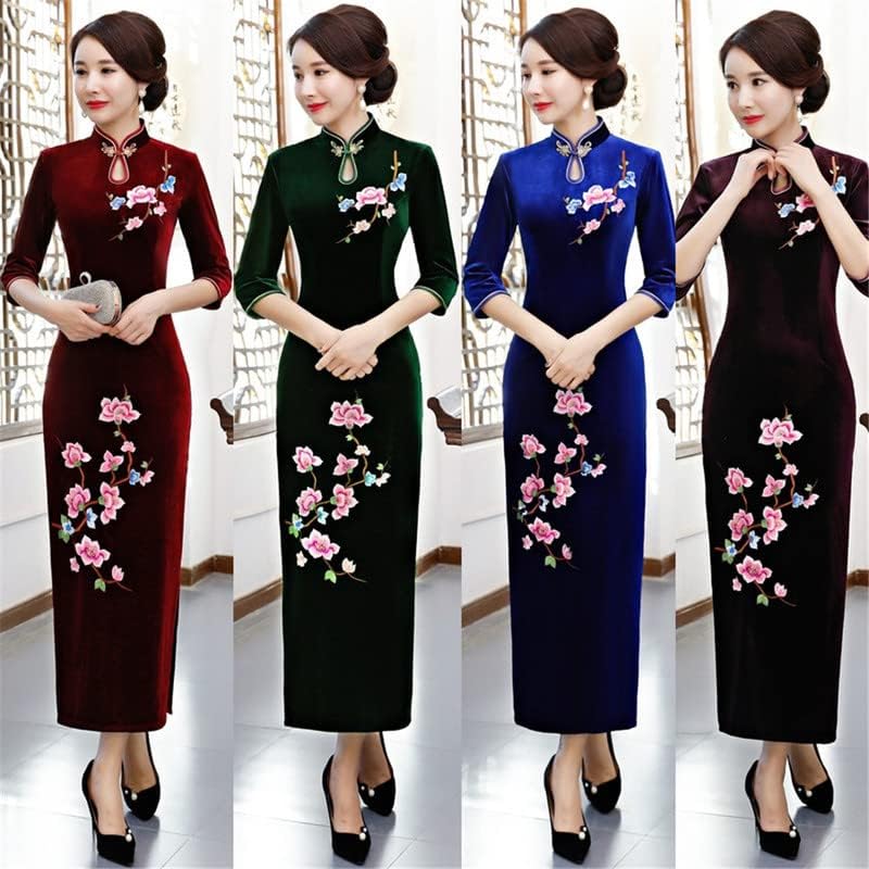 Shanghai Story Peacock Floral Embroidery Velvet Long Cheongsam Qipao Dress