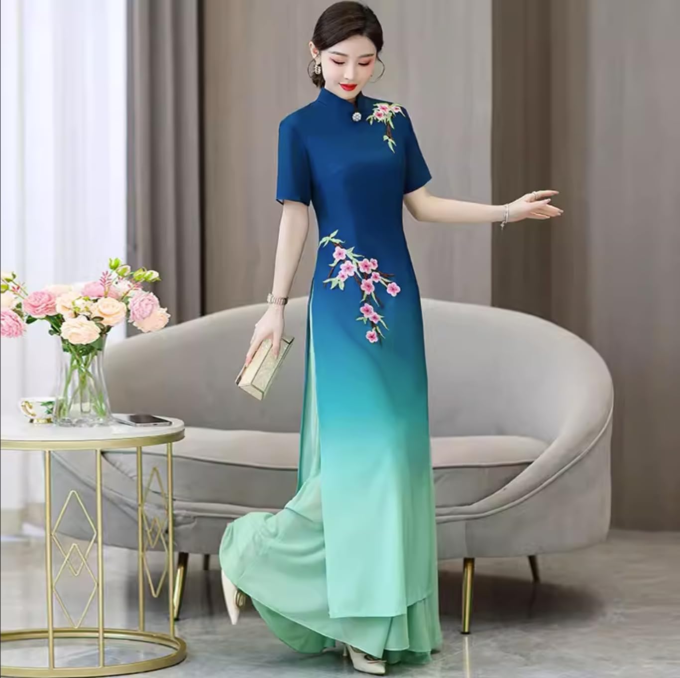 Women's Blue Chiffon Gradient Color Split Long Cheongsam Wedding Guest Gown Party Qipao Chi-pao