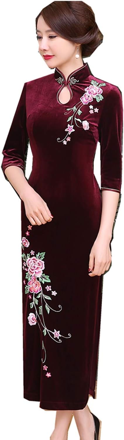 Shanghai Story Peacock Floral Embroidery Velvet Long Cheongsam Qipao Dress