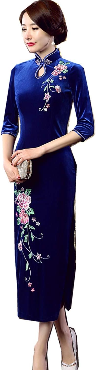 Shanghai Story Peacock Floral Embroidery Velvet Long Cheongsam Qipao Dress