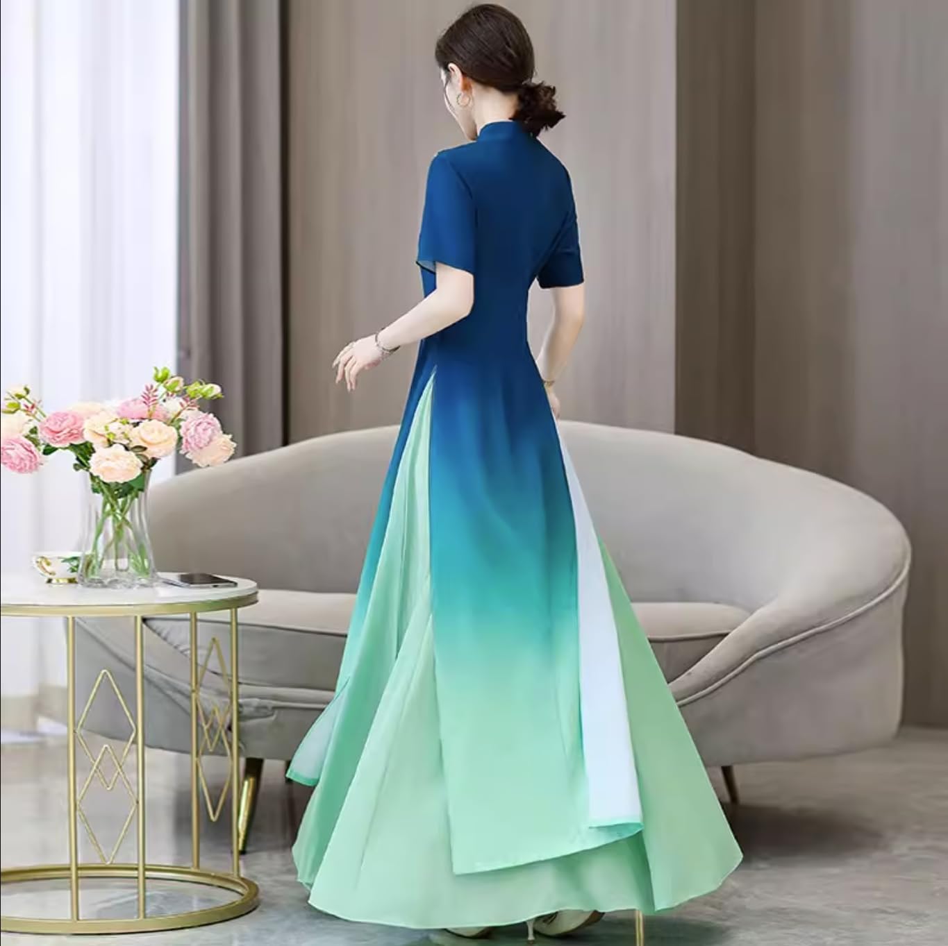 Women's Blue Chiffon Gradient Color Split Long Cheongsam Wedding Guest Gown Party Qipao Chi-pao