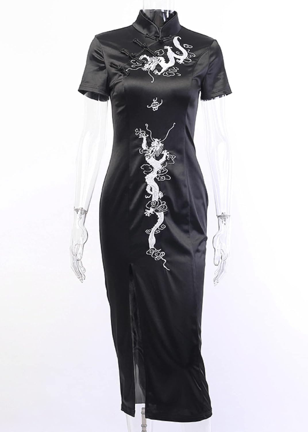 TSMNZMU Cheongsam Dress for Women Gothic Asian Long Dresses Dragon Print Chinese Maxi Dress Japanese Harajuku Lolita Dress