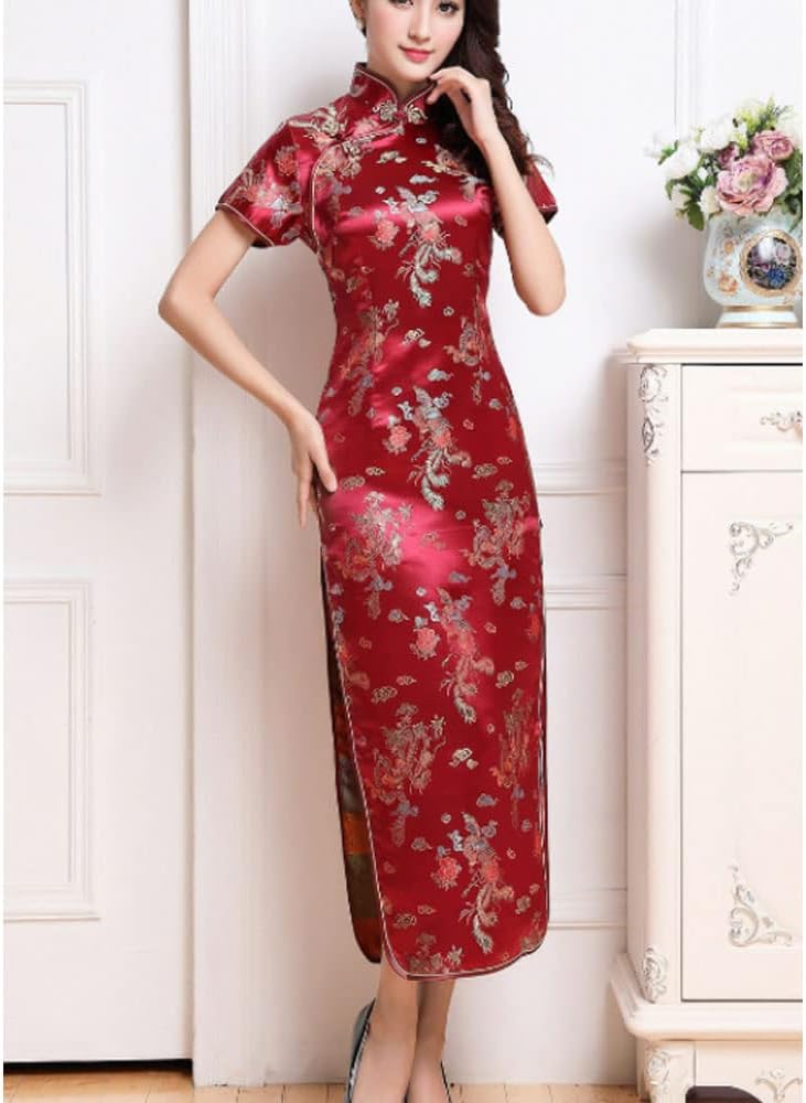 Women Cheongsam Long Dress Evening Short Sleeve Slim Fit Maxi Dress Floral Faux Silk Stand Collar Bodycon Qipao