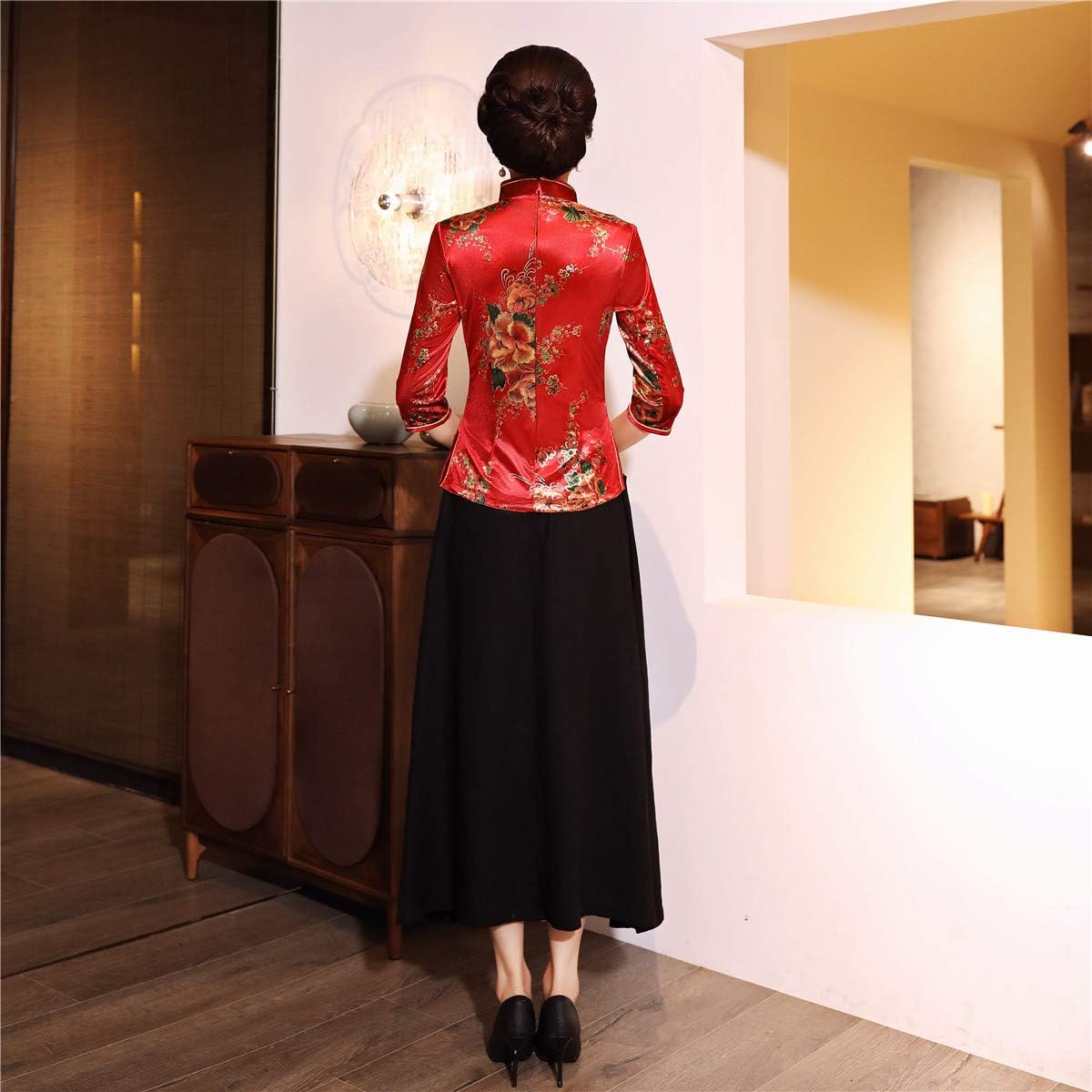 Shanghai Story Chinese Cheongsam Shirt 3/4 Sleeve Velvet Chinese Blouse for Women