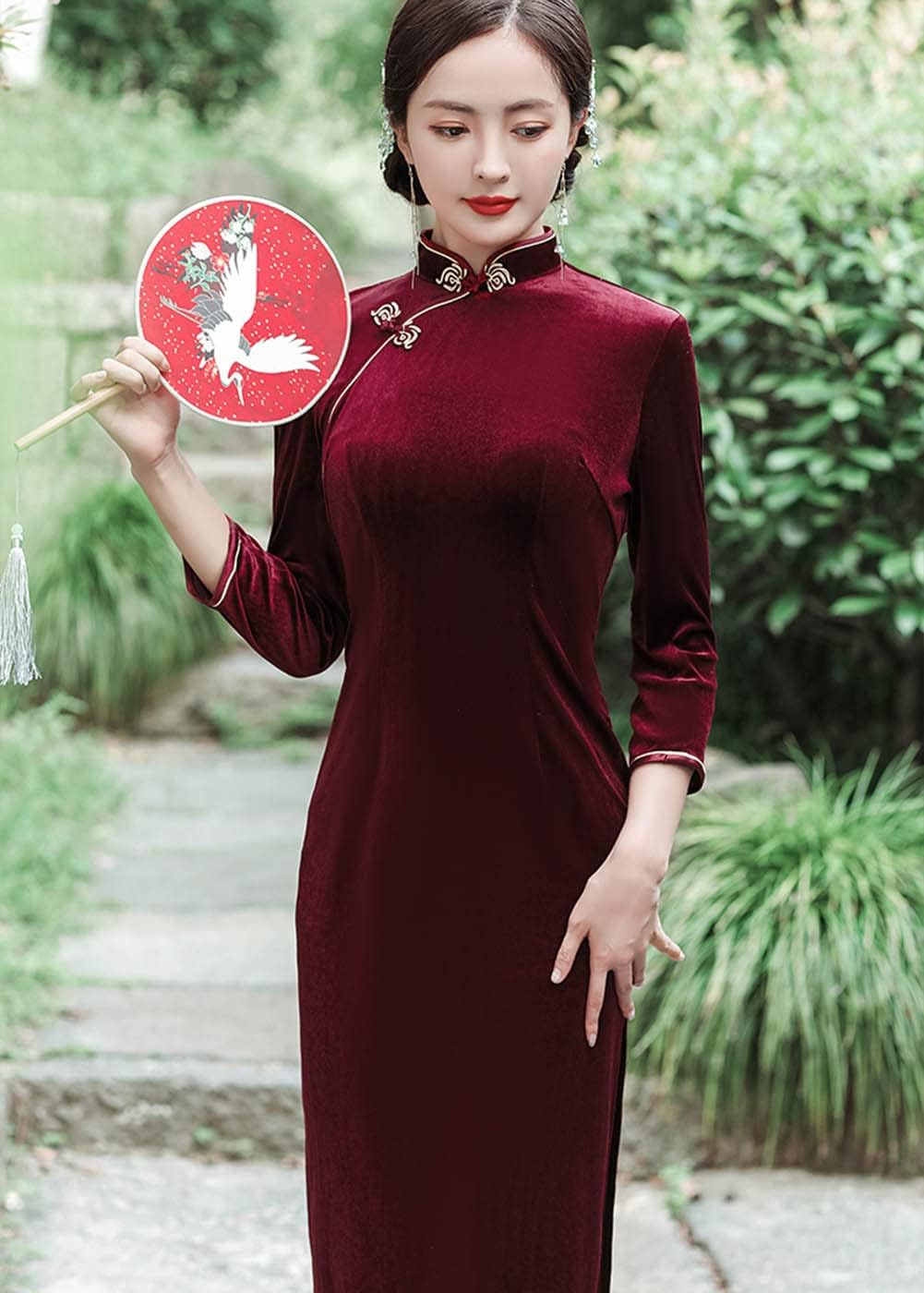 Chinese Traditional Velour Cheongsam Maxi Dress Elegant Women Long Sleeve Side Slit Slim Fit Qipao Party Dress