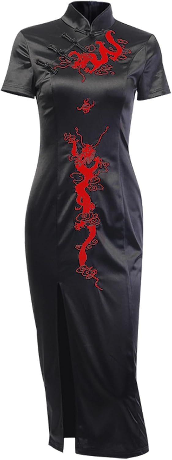 TSMNZMU Cheongsam Dress for Women Gothic Asian Long Dresses Dragon Print Chinese Maxi Dress Japanese Harajuku Lolita Dress