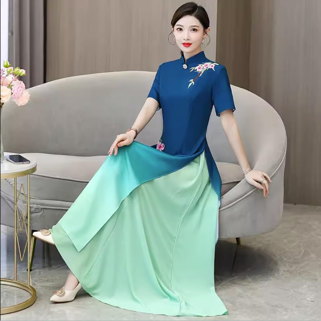 Women's Blue Chiffon Gradient Color Split Long Cheongsam Wedding Guest Gown Party Qipao Chi-pao