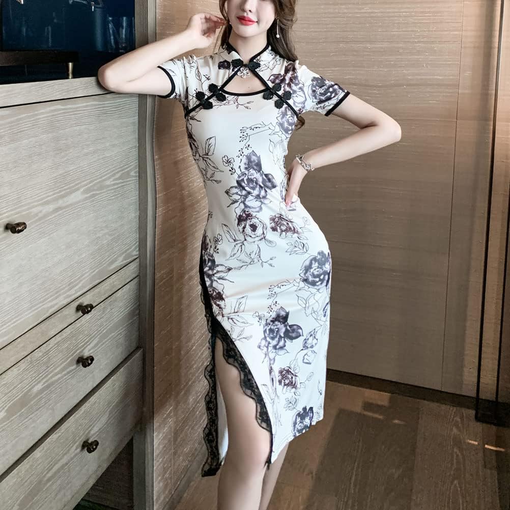 Women's Modern Cheongsam Midi Dress Short Sleeve Lace Trim Chinese Qipao Mandarin Collar High Split Bodycon Dress