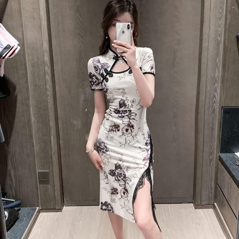 Women's Modern Cheongsam Midi Dress Short Sleeve Lace Trim Chinese Qipao Mandarin Collar High Split Bodycon Dress